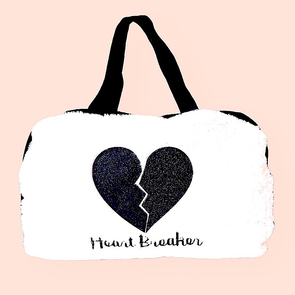 HEARTBREAKER FAUX FUR GLITTER black HEART TOTE weekender travel carry on Bag